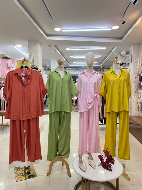 Collar Down Pullover Short Sleeves Shirt With Trousers Sets